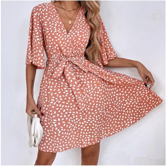 Boho coral Leopard Print Butterfly Sleeve Mini Dress - Picture 8 of 11